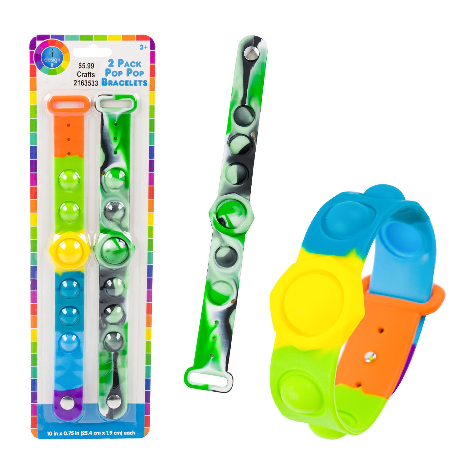 Pop Pop Bracelets for Kids, 2-Pack — Blue, Green & Orange