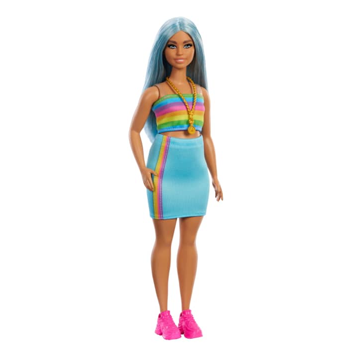 Mattel-Barbie Fashionista Doll #218 - Blue Hair, Rainbow Top & Teal Skirt-HRH16-Legacy Toys