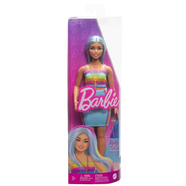 Mattel-Barbie Fashionista Doll #218 - Blue Hair, Rainbow Top & Teal Skirt-HRH16-Legacy Toys