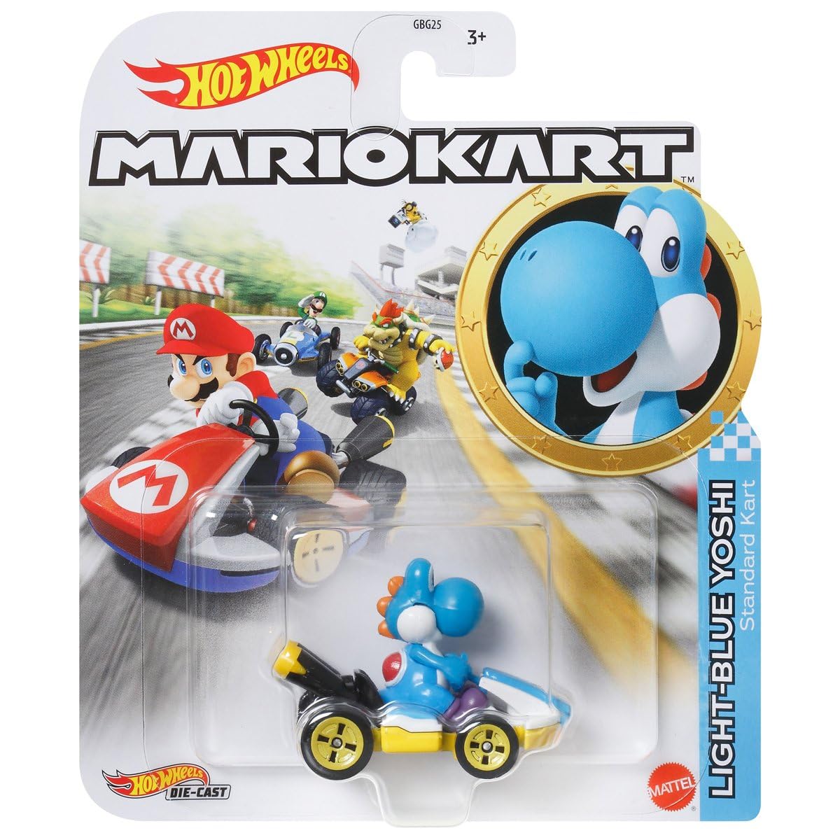 Mattel-Hot Wheels Mario Kart - Light-Blue Yoshi Standard Kart-GBG35-Legacy Toys