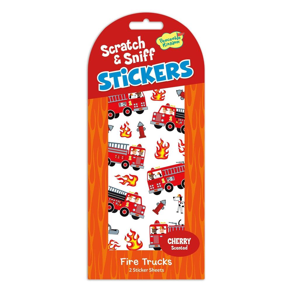 Peaceable Kingdom-Scratch and Sniff Sticker Pack-STK218-Cherry Fire Trucks-Legacy Toys