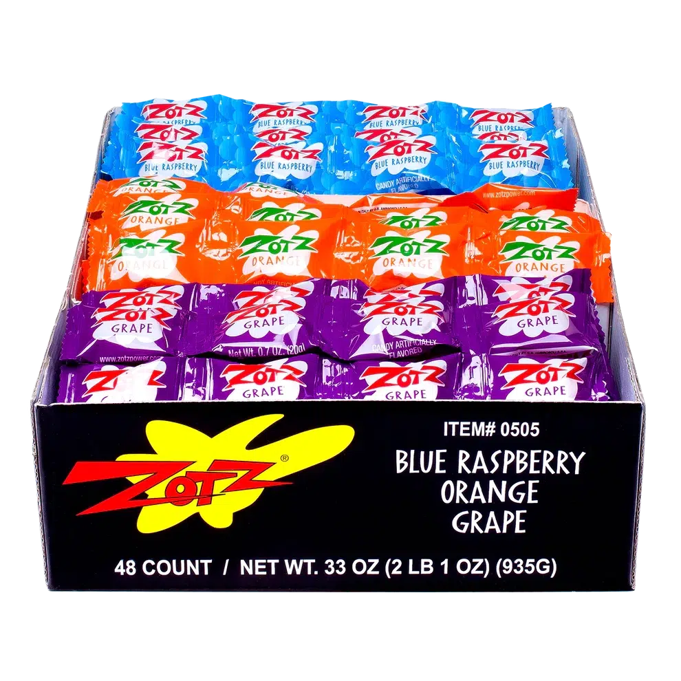 Zotz-Zotz Strings - Blue Raspberry, Orange, Grape-0505-Box of 48-Legacy Toys